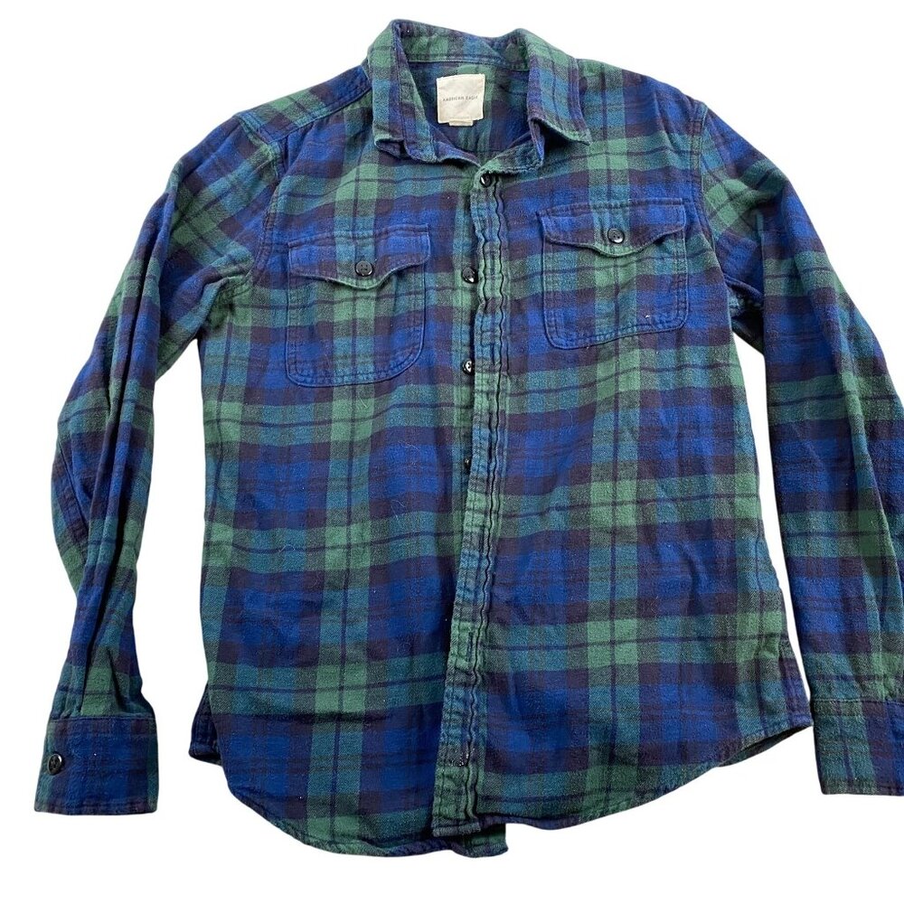 American Eagle Men's Shirt Small Blackwatch Tartan Blue & Green Plaid Flannel Bu